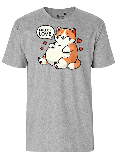 Full of love cat - fat, love, valentines, fat cat, cat, cute, pet, animal, feline, funny, chubby, illustration, adorable, whimsical, domestic cat, pet lover, cartoon, cat art, day, love, romance, affection, heart, couple, relationship, valentine, passion, emotional, togetherness, friendship, kindness, sentiment, cute, adoration - Fairtrade T-Shirt
