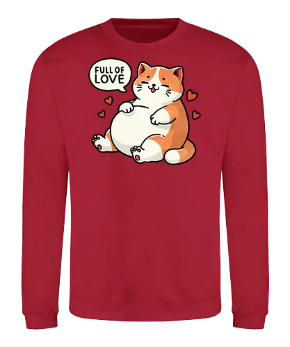 Full of love cat - fat, love, valentines, fat cat, cat, cute, pet, animal, feline, funny, chubby, illustration, adorable, whimsical, domestic cat, pet lover, cartoon, cat art, day, love, romance, affection, heart, couple, relationship, valentine, passion, emotional, togetherness, friendship, kindness, sentiment, cute, adoration - Sweatshirt