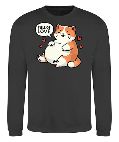 Full of love cat - fat, love, valentines, fat cat, cat, cute, pet, animal, feline, funny, chubby, illustration, adorable, whimsical, domestic cat, pet lover, cartoon, cat art, day, love, romance, affection, heart, couple, relationship, valentine, passion, emotional, togetherness, friendship, kindness, sentiment, cute, adoration - Sweatshirt