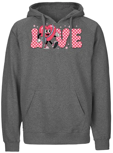 LOVE - love, heart, character, checkered, playful, stars, typography, pink, cartoon, cheerful - Fairtrade Hoodie