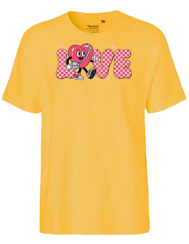 LOVE - love, heart, character, checkered, playful, stars, typography, pink, cartoon, cheerful - Fairtrade T-Shirt