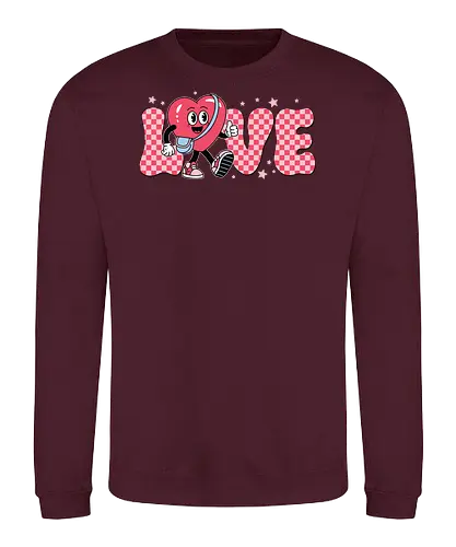 LOVE - love, heart, character, checkered, playful, stars, typography, pink, cartoon, cheerful - Sweatshirt