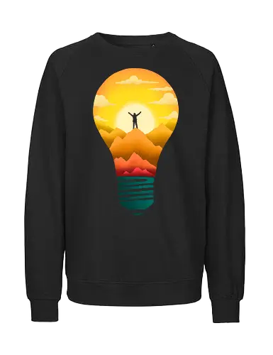 Eureka! Every idea is a peak to conquer - creativity, abstract, bulb, eureka, idea, landscape, mountains, nature, negative space, peak, science, sun, sunshine, surreal, thinking - Fairtrade Sweatshirt