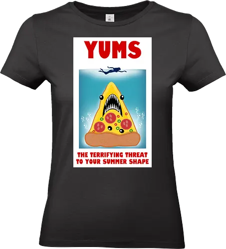 Yums - pizza, hai, parodie, filmplakat, sommerfigur, jaws, lustiges design, cartoon, nostalgisch, retro-stil, kawaii, monsterpizza, popkultur, humor, kreative kunst, fast food, strandstimmung, comicstil, kultfilm, spaß, summer - Standard T-Shirt (Frauen)