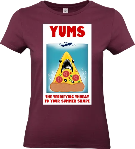Yums - pizza, hai, parodie, filmplakat, sommerfigur, jaws, lustiges design, cartoon, nostalgisch, retro-stil, kawaii, monsterpizza, popkultur, humor, kreative kunst, fast food, strandstimmung, comicstil, kultfilm, spaß, summer - Standard T-Shirt (Frauen)
