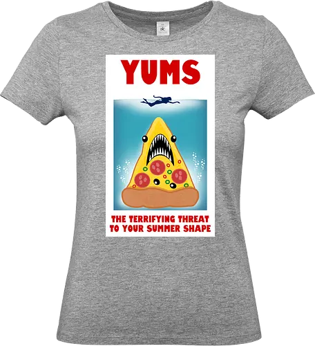 Yums - pizza, hai, parodie, filmplakat, sommerfigur, jaws, lustiges design, cartoon, nostalgisch, retro-stil, kawaii, monsterpizza, popkultur, humor, kreative kunst, fast food, strandstimmung, comicstil, kultfilm, spaß, summer - Standard T-Shirt (Frauen)