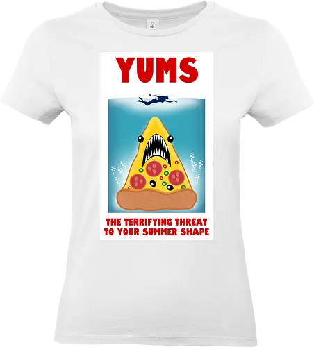 Yums - pizza, hai, parodie, filmplakat, sommerfigur, jaws, lustiges design, cartoon, nostalgisch, retro-stil, kawaii, monsterpizza, popkultur, humor, kreative kunst, fast food, strandstimmung, comicstil, kultfilm, spaß, summer - Standard T-Shirt (Frauen)