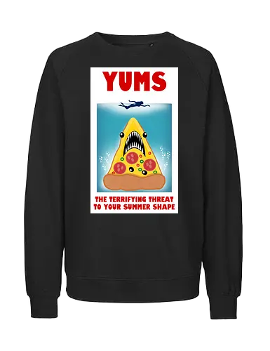Yums - pizza, hai, parodie, filmplakat, sommerfigur, jaws, lustiges design, cartoon, nostalgisch, retro-stil, kawaii, monsterpizza, popkultur, humor, kreative kunst, fast food, strandstimmung, comicstil, kultfilm, spaß, summer - Fairtrade Sweatshirt