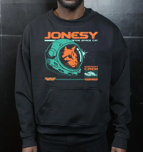 Jonesy The Space Cat - jonesy, 80s, 80s movies, alien, aliens, cat, cult movies, nostromo, retro, ripley, science fiction, scifi, space, vintage, weyland yutani - Cropped Sweatshirt