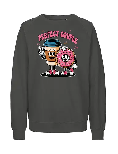 Perfect Couple - cartoon, coffee, donut, friendship, humor, food, fun, characters, cute, companionship - Fairtrade Sweatshirt