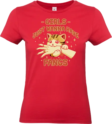Girl Just Wanna Have Fangs - Girls Just Want to Have Fun, love bite, cat mom, cat lady, cat girl, cat lovers, music joke, pop song, chibi, kawaii, funny cat, funny saying, cute cat, cat joke, internet meme, hilarious, cat meme, vintage colors, retro style - Standard T-Shirt (Frauen)