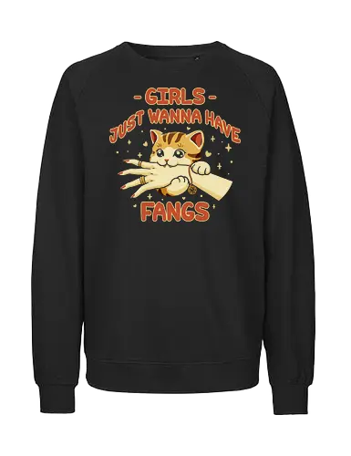 Girl Just Wanna Have Fangs - Girls Just Want to Have Fun, love bite, cat mom, cat lady, cat girl, cat lovers, music joke, pop song, chibi, kawaii, funny cat, funny saying, cute cat, cat joke, internet meme, hilarious, cat meme, vintage colors, retro style - Fairtrade Sweatshirt