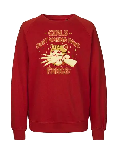 Girl Just Wanna Have Fangs - Girls Just Want to Have Fun, love bite, cat mom, cat lady, cat girl, cat lovers, music joke, pop song, chibi, kawaii, funny cat, funny saying, cute cat, cat joke, internet meme, hilarious, cat meme, vintage colors, retro style - Fairtrade Sweatshirt