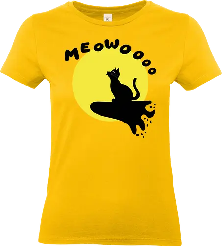 Cat Howling at the Moon (Katze heult den Mond an) - kawaii, silhouette, lustig, katzenliebhaber, tierhumor, mondschein, nachtstimmung, mondanbeter, tiermotiv, schwarzweiß, mystisch, niedlich, cartoon, katze, mond, miauen, heulen, nacht, minimalistisch, süß - Standard T-Shirt (Frauen)