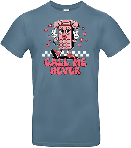 Call Me Never - cartoon, phone, character, pink, hearts, peace sign, lettering, checkered, playful - Standard T-Shirt