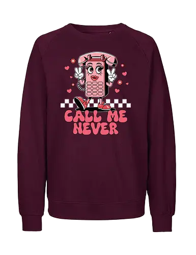 Call Me Never - cartoon, phone, character, pink, hearts, peace sign, lettering, checkered, playful - Fairtrade Sweatshirt