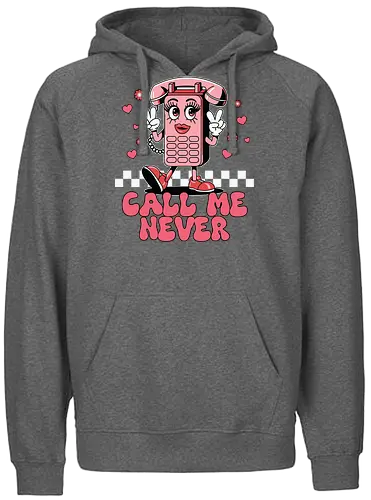 Call Me Never - cartoon, phone, character, pink, hearts, peace sign, lettering, checkered, playful - Fairtrade Hoodie