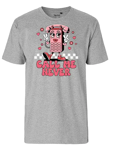 Call Me Never - cartoon, phone, character, pink, hearts, peace sign, lettering, checkered, playful - Fairtrade T-Shirt