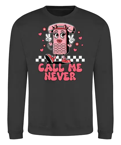 Call Me Never - cartoon, phone, character, pink, hearts, peace sign, lettering, checkered, playful - Sweatshirt
