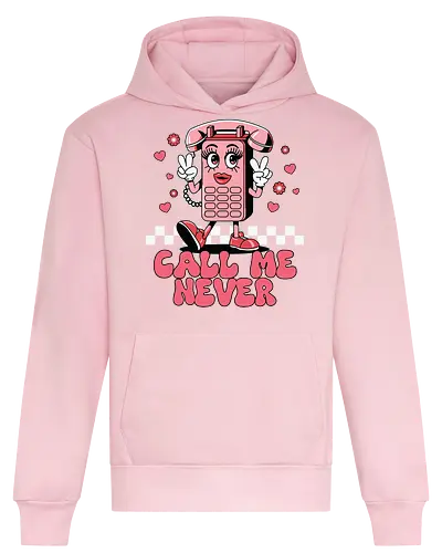 Call Me Never - cartoon, phone, character, pink, hearts, peace sign, lettering, checkered, playful - Heavyweight Hoodie