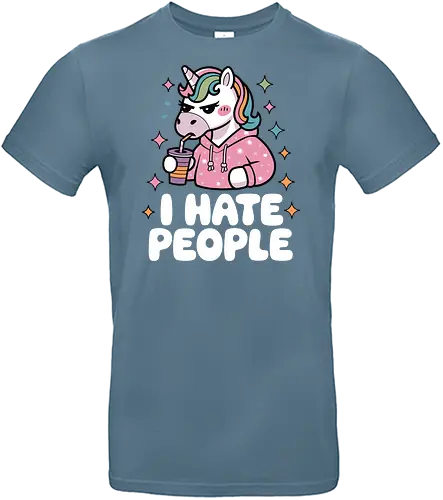 I HATE PEOPLE - unicorn, hoodie, drink, text, pink, stars, disgruntled, cartoon, colorful, expression - Standard T-Shirt