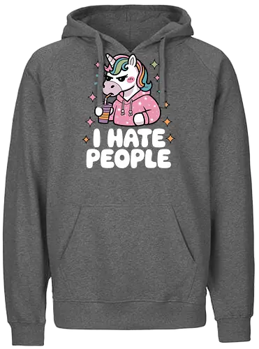 I HATE PEOPLE - unicorn, hoodie, drink, text, pink, stars, disgruntled, cartoon, colorful, expression - Fairtrade Hoodie