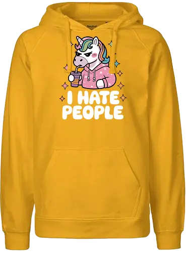 I HATE PEOPLE - unicorn, hoodie, drink, text, pink, stars, disgruntled, cartoon, colorful, expression - Fairtrade Hoodie