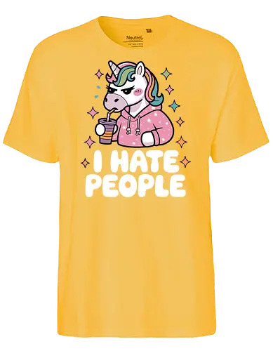 I HATE PEOPLE - unicorn, hoodie, drink, text, pink, stars, disgruntled, cartoon, colorful, expression - Fairtrade T-Shirt