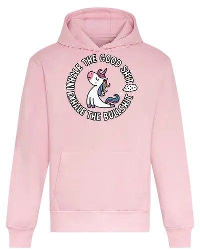 Inhale the good shit exhale the bullshit.  - unicorn, motivational, quote, whimsical, colorful, humor, inspirational, text, cartoon - Heavyweight Hoodie