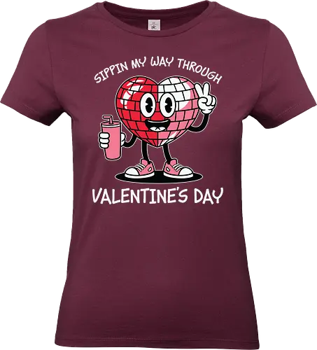 Sipping my way through Valentine's Day.  - cartoon, heart, disco ball, valentine's day, drink, sneakers, cheerful, character, playful, text - Standard T-Shirt (Frauen)