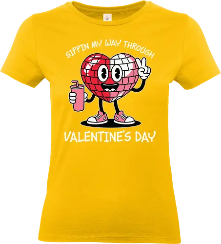 Sipping my way through Valentine's Day.  - cartoon, heart, disco ball, valentine's day, drink, sneakers, cheerful, character, playful, text - Standard T-Shirt (Frauen)
