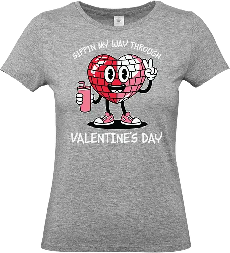 Sipping my way through Valentine's Day.  - cartoon, heart, disco ball, valentine's day, drink, sneakers, cheerful, character, playful, text - Standard T-Shirt (Frauen)