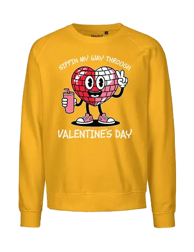 Sipping my way through Valentine's Day.  - cartoon, heart, disco ball, valentine's day, drink, sneakers, cheerful, character, playful, text - Fairtrade Sweatshirt