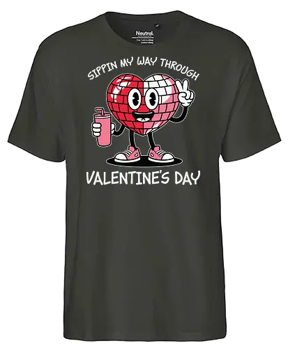 Sipping my way through Valentine's Day.  - cartoon, heart, disco ball, valentine's day, drink, sneakers, cheerful, character, playful, text - Fairtrade T-Shirt