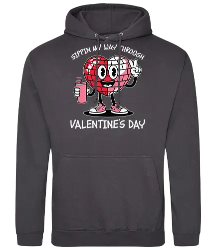Sipping my way through Valentine's Day.  - cartoon, heart, disco ball, valentine's day, drink, sneakers, cheerful, character, playful, text - Standard Hoodie