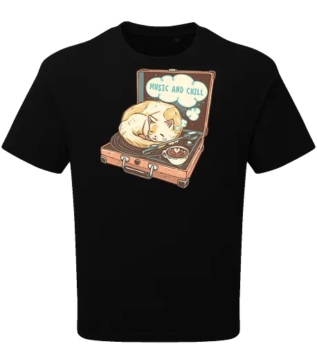 Music and Chill Cat - Music, cat, cats, relax, chill, cute, coffee, classic, retro - Oversize T-Shirt