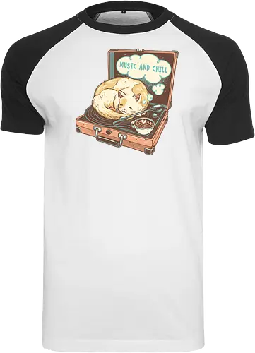 Music and Chill Cat - Music, cat, cats, relax, chill, cute, coffee, classic, retro - Raglan T-Shirt