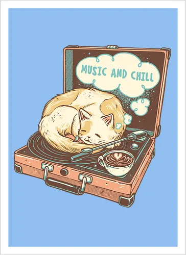 Music and Chill Cat - Music, cat, cats, relax, chill, cute, coffee, classic, retro - Kunstdruck