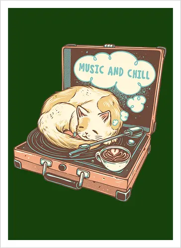 Music and Chill Cat - Music, cat, cats, relax, chill, cute, coffee, classic, retro - Kunstdruck