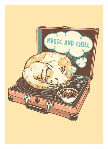 Music and Chill Cat - Music, cat, cats, relax, chill, cute, coffee, classic, retro - Kunstdruck
