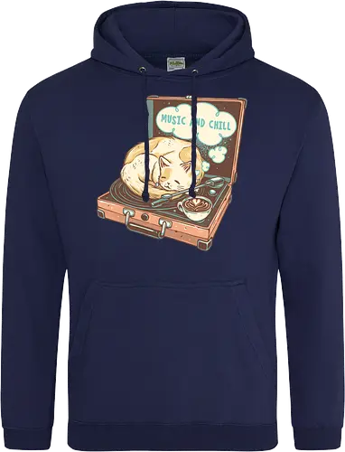 Music and Chill Cat - Music, cat, cats, relax, chill, cute, coffee, classic, retro - Standard Hoodie