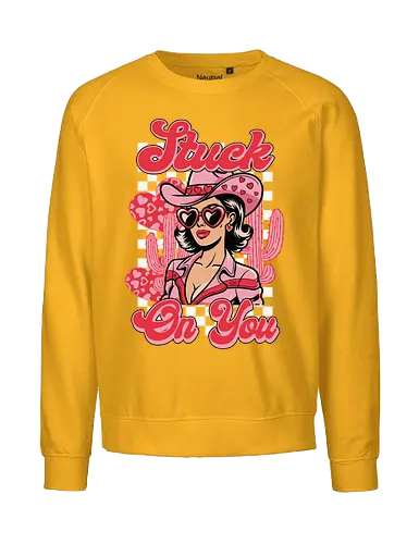 Stuck On You - retro, cowgirl, heart-shaped glasses, cactus, checkerboard, pink, fashion, western, cartoon style - Fairtrade Sweatshirt