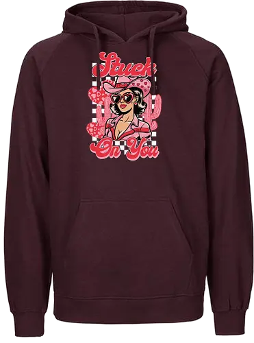 Stuck On You - retro, cowgirl, heart-shaped glasses, cactus, checkerboard, pink, fashion, western, cartoon style - Fairtrade Hoodie