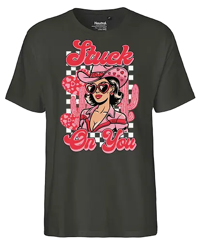 Stuck On You - retro, cowgirl, heart-shaped glasses, cactus, checkerboard, pink, fashion, western, cartoon style - Fairtrade T-Shirt