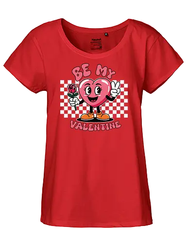Be My Valentine - heart, cartoon, valentine, rose, love, checkered, peace sign, maroon, playful, bold - Fairtrade Girl Shirt