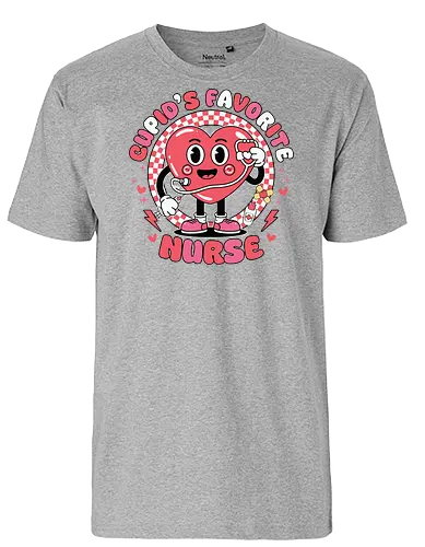 Cupid's Favorite Nurse - cartoon, heart, nurse, stethoscope, checkered, red, playful, cute, design, character - Fairtrade T-Shirt