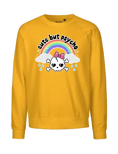 Cute But Psycho - cute but psycho, kawaii skull, rainbow, rain, kawaii rainbow, pastel goth, spooky cute, creepy cute, bow, girly skull - Fairtrade Sweatshirt