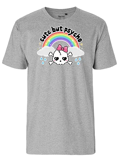 Cute But Psycho - cute but psycho, kawaii skull, rainbow, rain, kawaii rainbow, pastel goth, spooky cute, creepy cute, bow, girly skull - Fairtrade T-Shirt