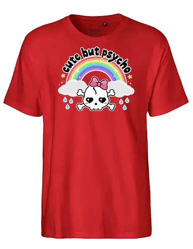 Cute But Psycho - cute but psycho, kawaii skull, rainbow, rain, kawaii rainbow, pastel goth, spooky cute, creepy cute, bow, girly skull - Fairtrade T-Shirt