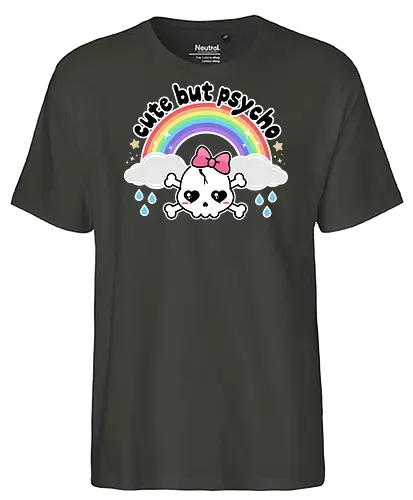 Cute But Psycho - cute but psycho, kawaii skull, rainbow, rain, kawaii rainbow, pastel goth, spooky cute, creepy cute, bow, girly skull - Fairtrade T-Shirt